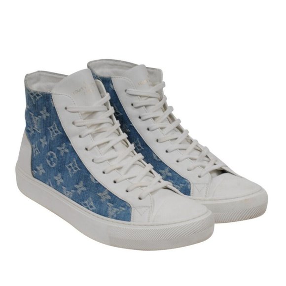 Louis Vuitton Tattoo Sneakers US9 UK8 White Blue Denim Lv Logo Monogram High Top - Picture 1 of 11